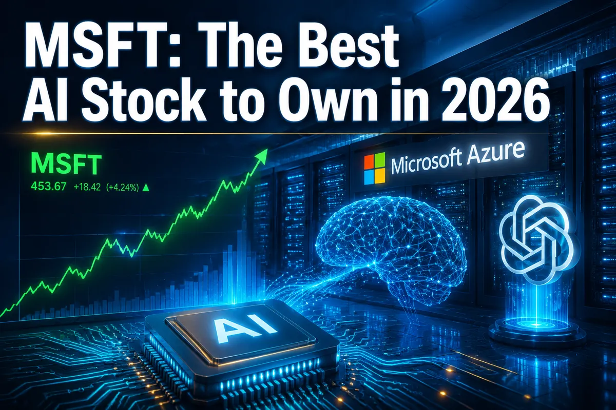 Professional () hero image featuring 'MSFT: The Best AI Stock to Own in 2026' in extra large white with subtle blue and dark