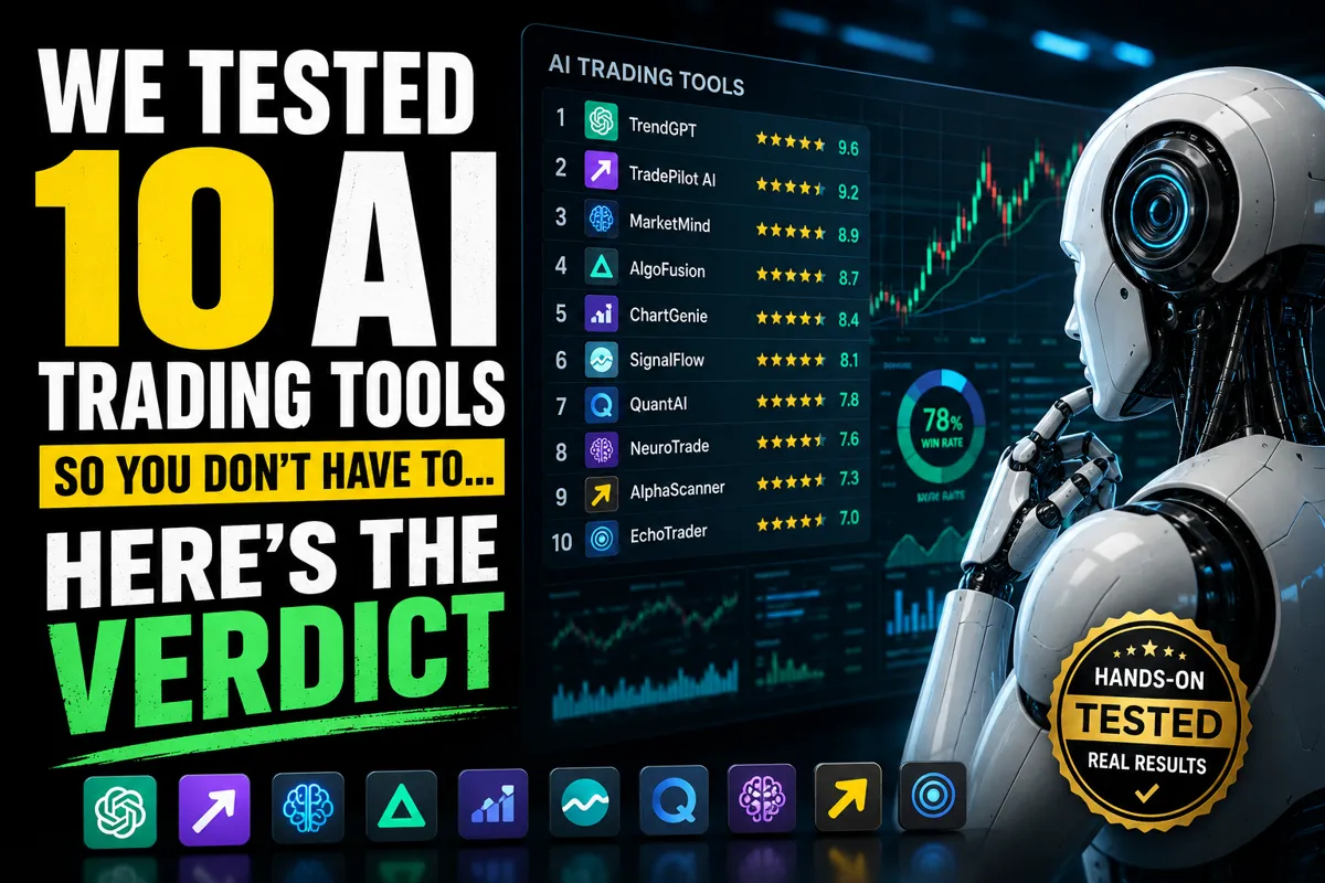 "We Tested 10 AI Trading Tools So You Don't Have To...Here's the Verdict". Modern design, , , aesthetic. Background imagery