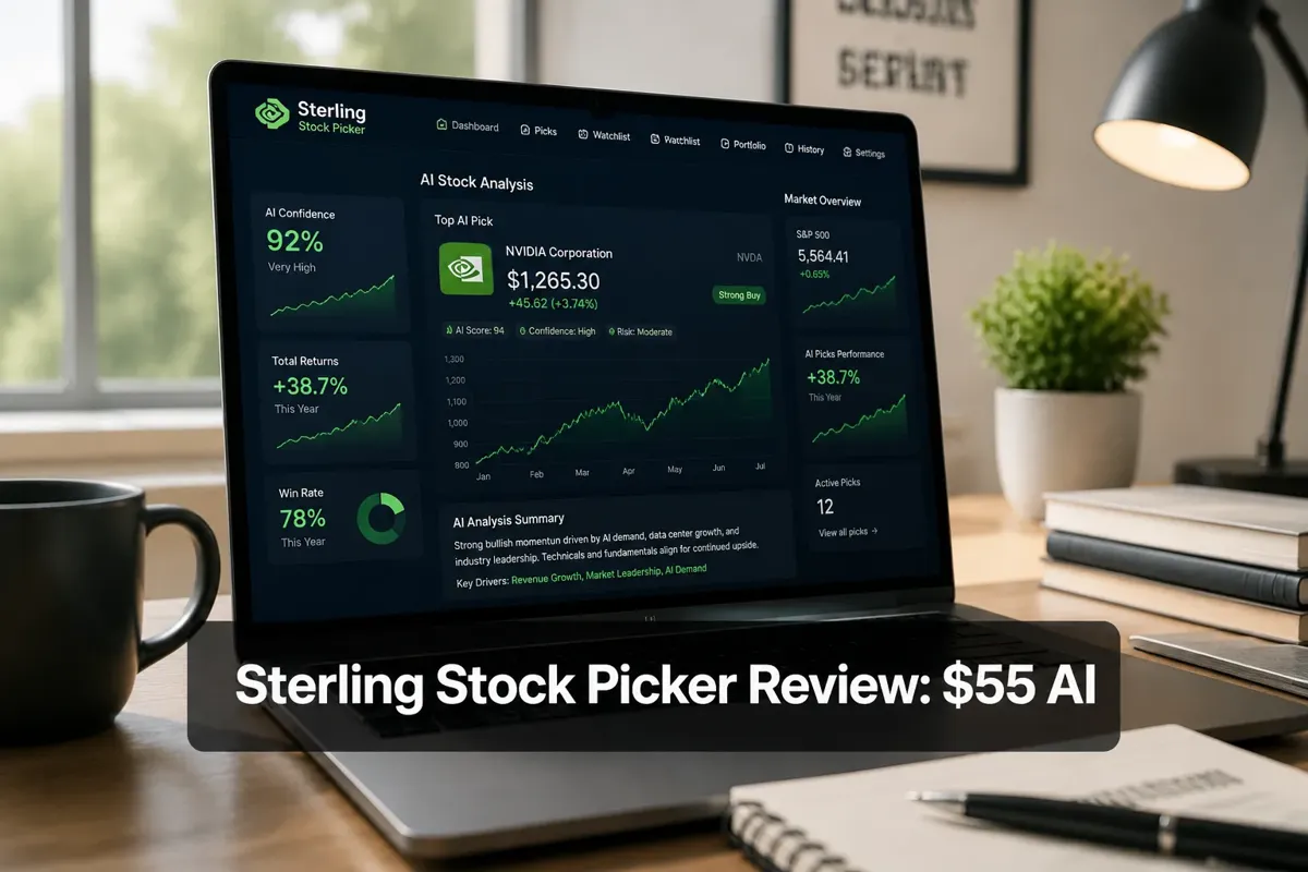 Professional () hero image with (≤42 chars): 'Sterling Stock Picker Review: $55 AI', crisp white on a dark semi-transparent