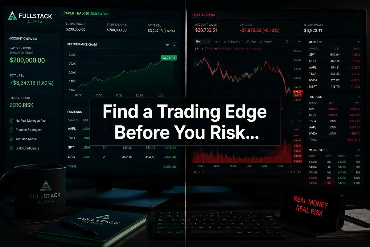 Professional () hero image with (≤42 chars): 'Find a Trading Edge Before You Risk…', crisp white on a dark semi-transparent
