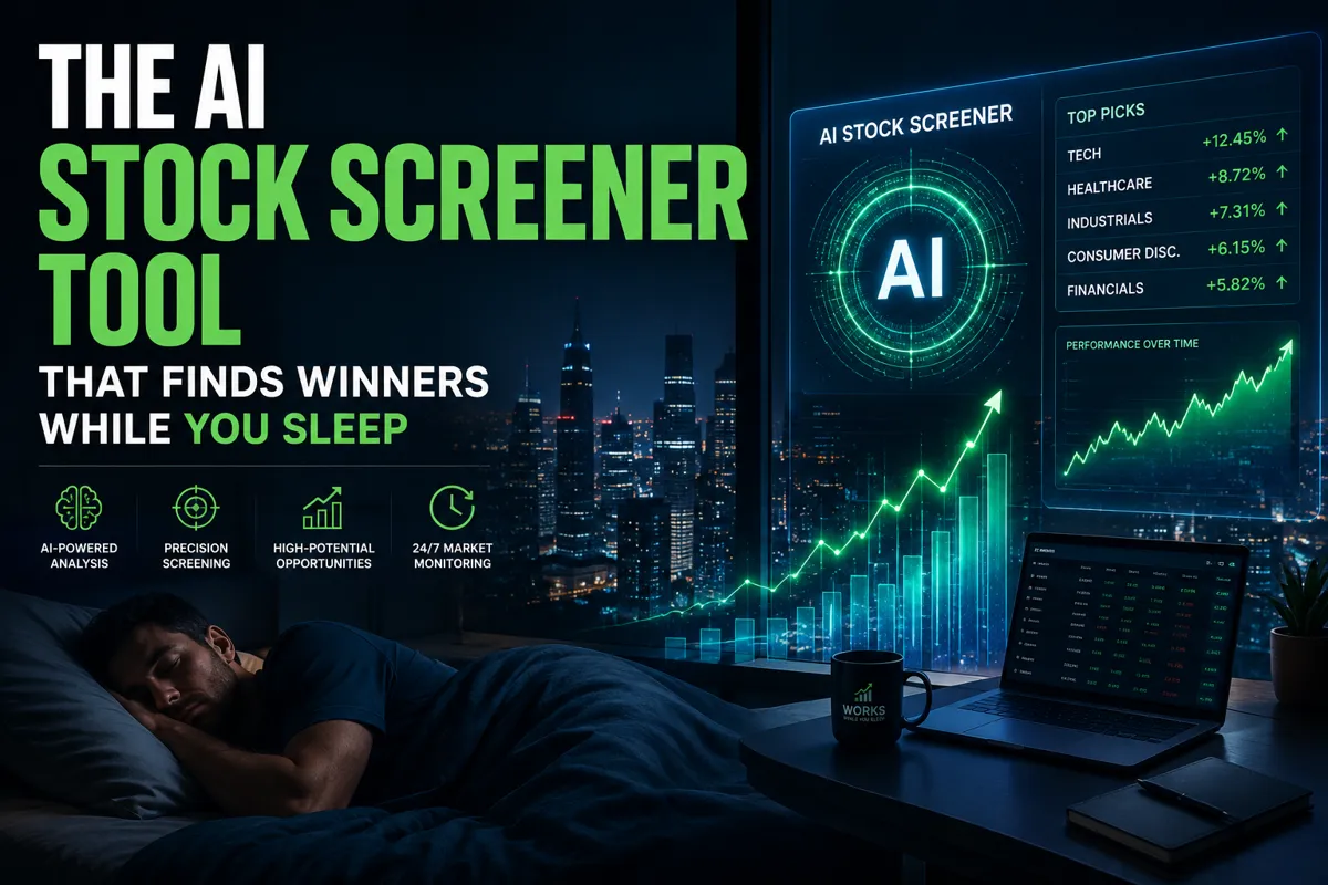 "The AI Stock Screener Tool That Finds Winners While You Sleep". Modern design, , , aesthetic. Background imagery relevant
