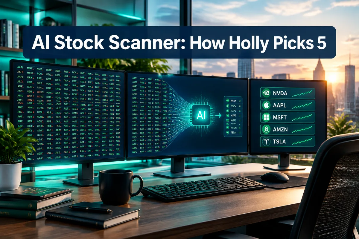 Professional () hero image with SHORT (≤42 chars): 'AI Stock Scanner: How Holly Picks 5', white on a dark navy translucent