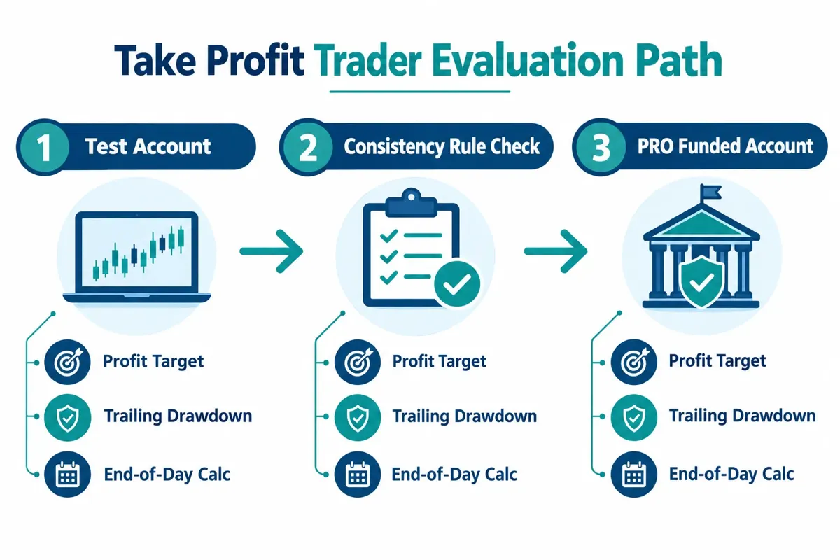 Teal and white diagram titled Take Profit Trader Evaluation Path with three stages: test account, consistency rule check and PRO funded account.