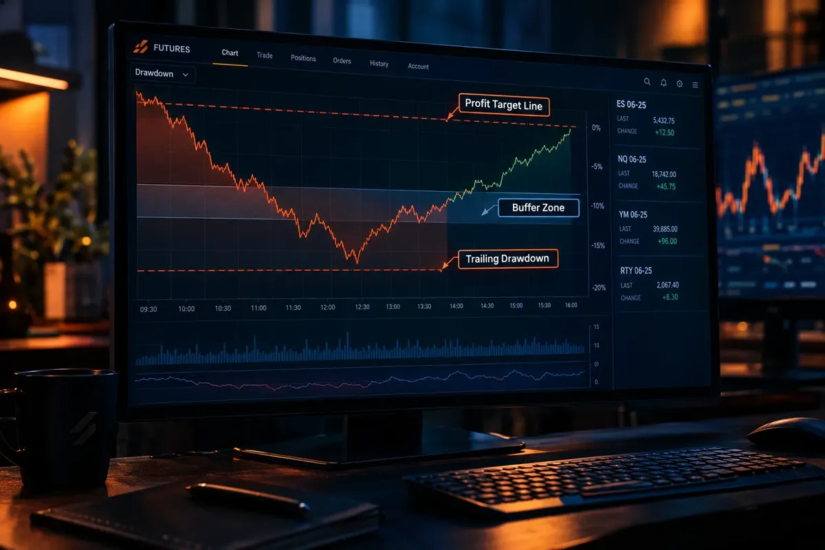 Dark trading screen with a falling then rising chart labeled profit target line, buffer zone and trailing drawdown, used to show how the buffer works.