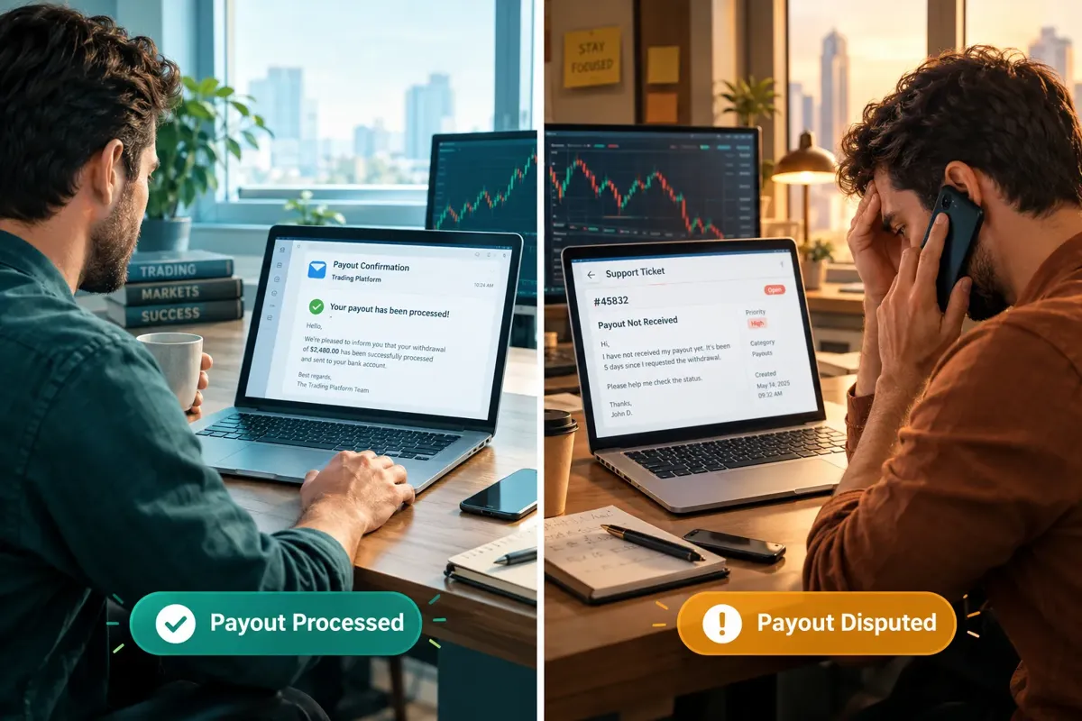 Two photos side by side of a trader at a laptop, one with a Payout Processed message and one on the phone with a Payout Disputed message.