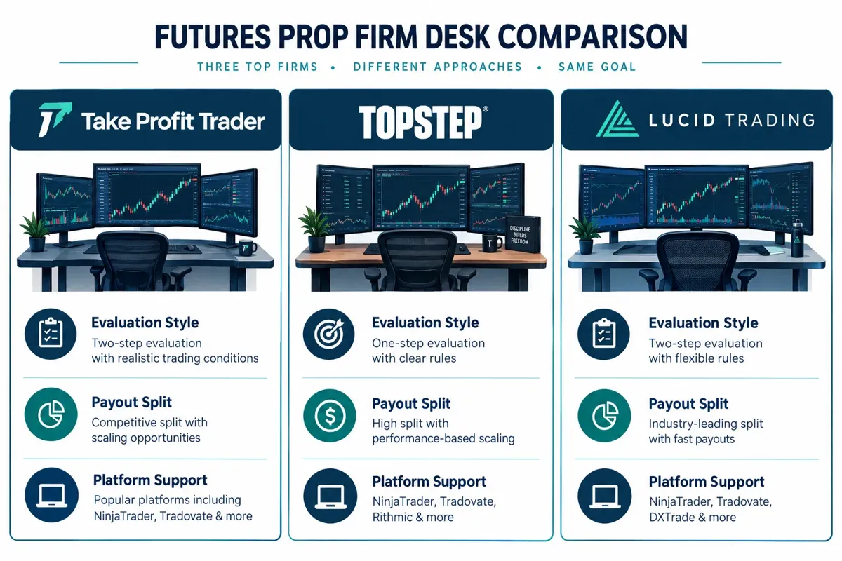 Three-column teal and navy graphic comparing Take Profit Trader, Topstep and Lucid Trading desks by evaluation style, payout split and platform support.