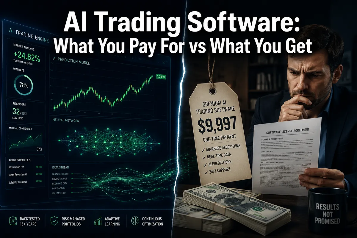 Professional () hero image with : 'AI Trading Software: What You Pay For vs What You Get' in extra large white with dark