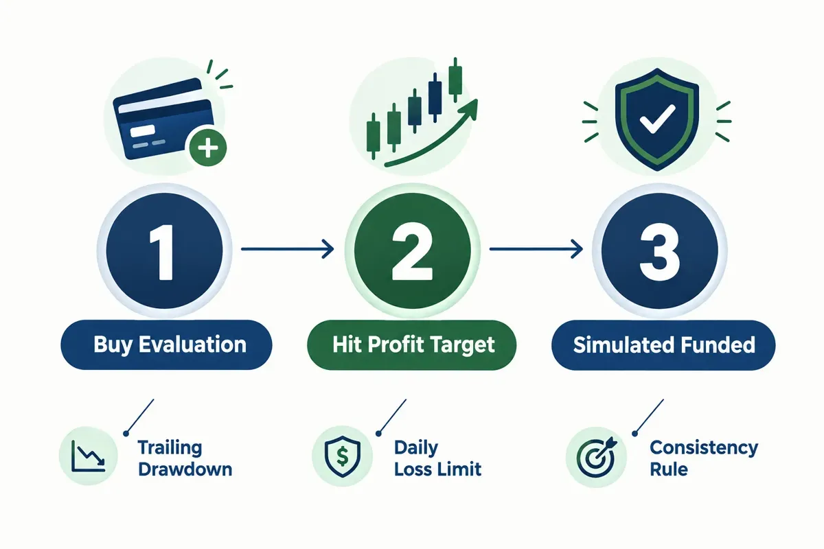 Three-step Tradeify path: buy the evaluation, hit the profit target, reach a simulated funded account, with notes on trailing drawdown, daily loss limit and consistency rule.