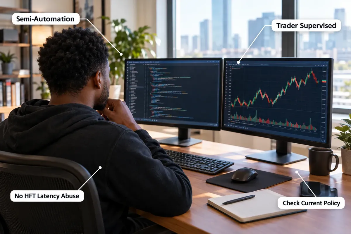 Trader at a two-monitor desk with callouts reading semi-automation, trader supervised, no HFT latency abuse and check current policy.