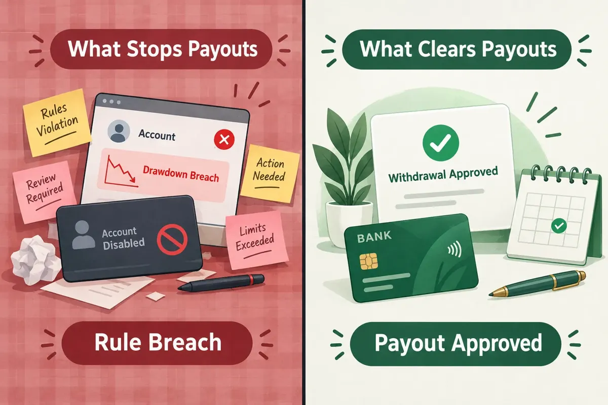 Split graphic: what stops payouts, with a drawdown breach, disabled account and rule violation notes, against what clears payouts, with an approved withdrawal and bank card.