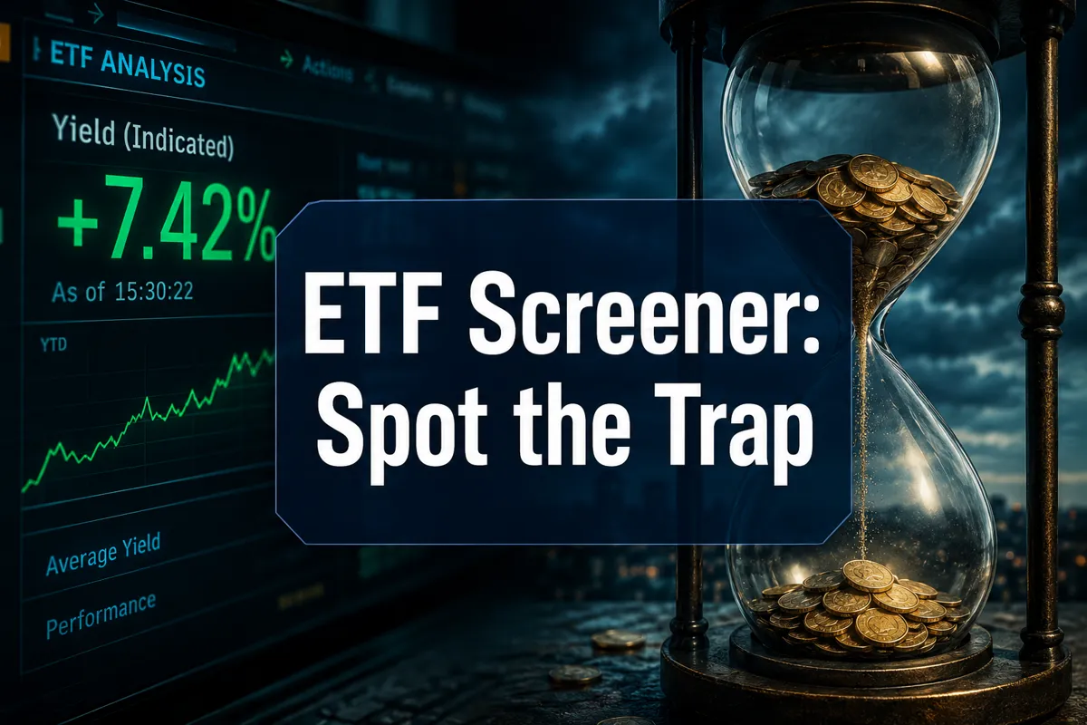 Professional () hero image with 'ETF Screener: Spot the Trap' in crisp white on a deep navy semi-transparent panel, centered
