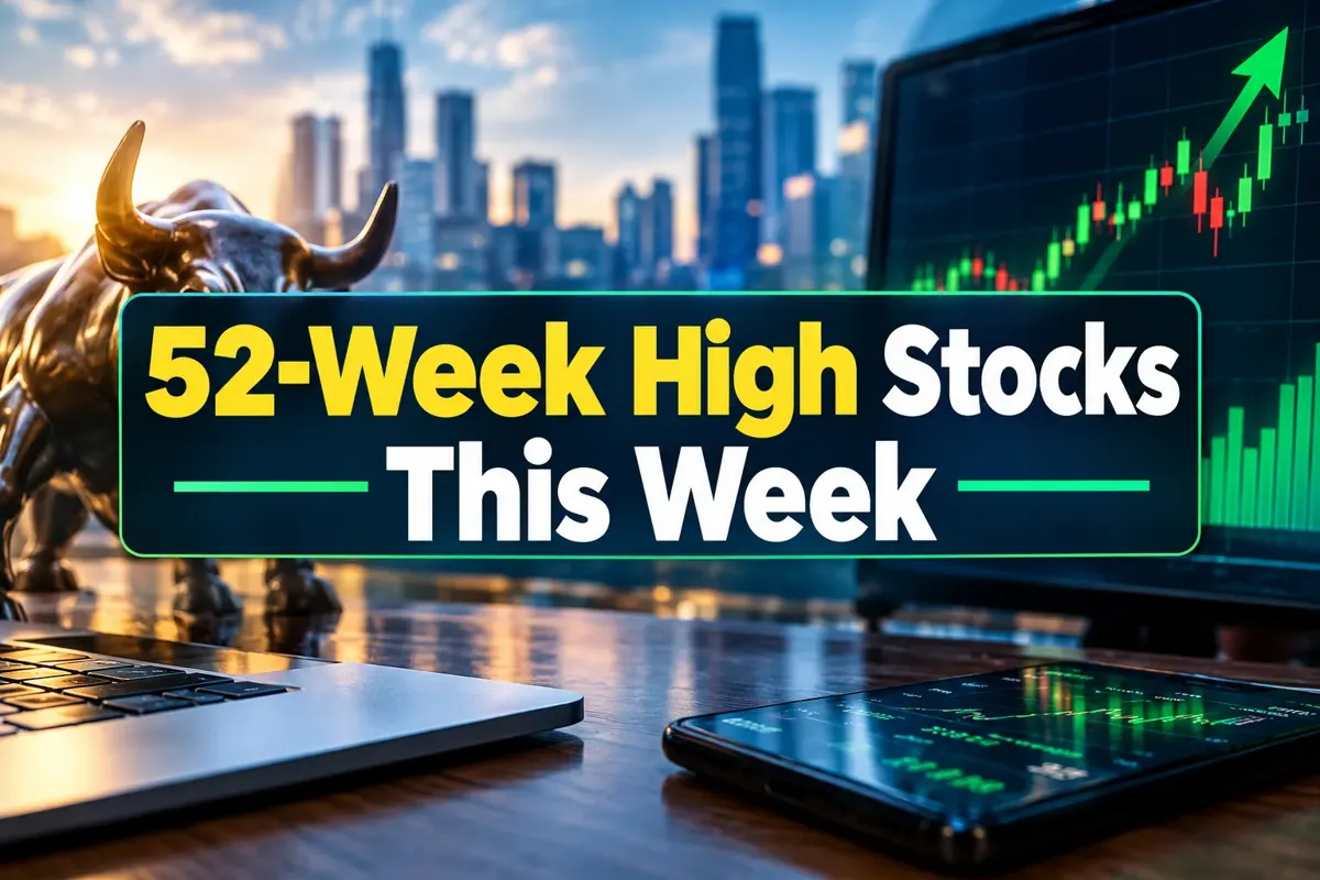 Professional landscape hero image () with a reading "52-Week High Stocks This Week". CRITICAL TYPOGRAPHY RULES: render the