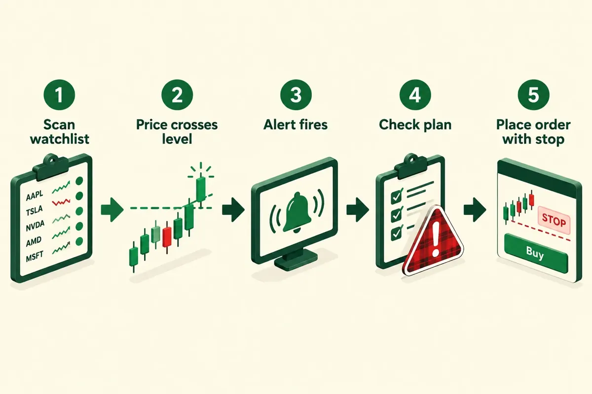 TradingView chart with trendlines and alerts on a swing setup