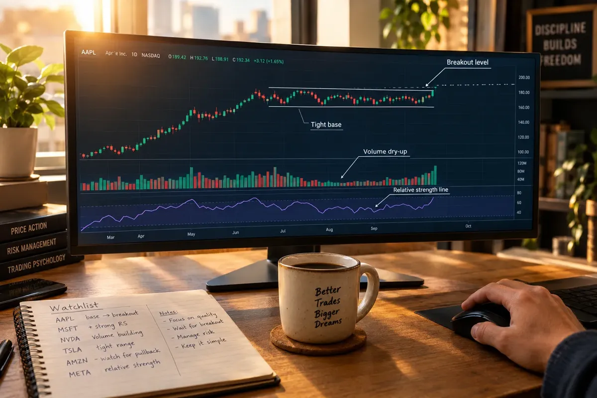 Growth trader workspace showing a tight base forming