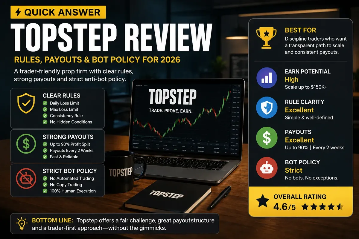 Dark summary card titled Topstep Review with panels for clear rules, payouts and bot policy, placed at the top of the review.