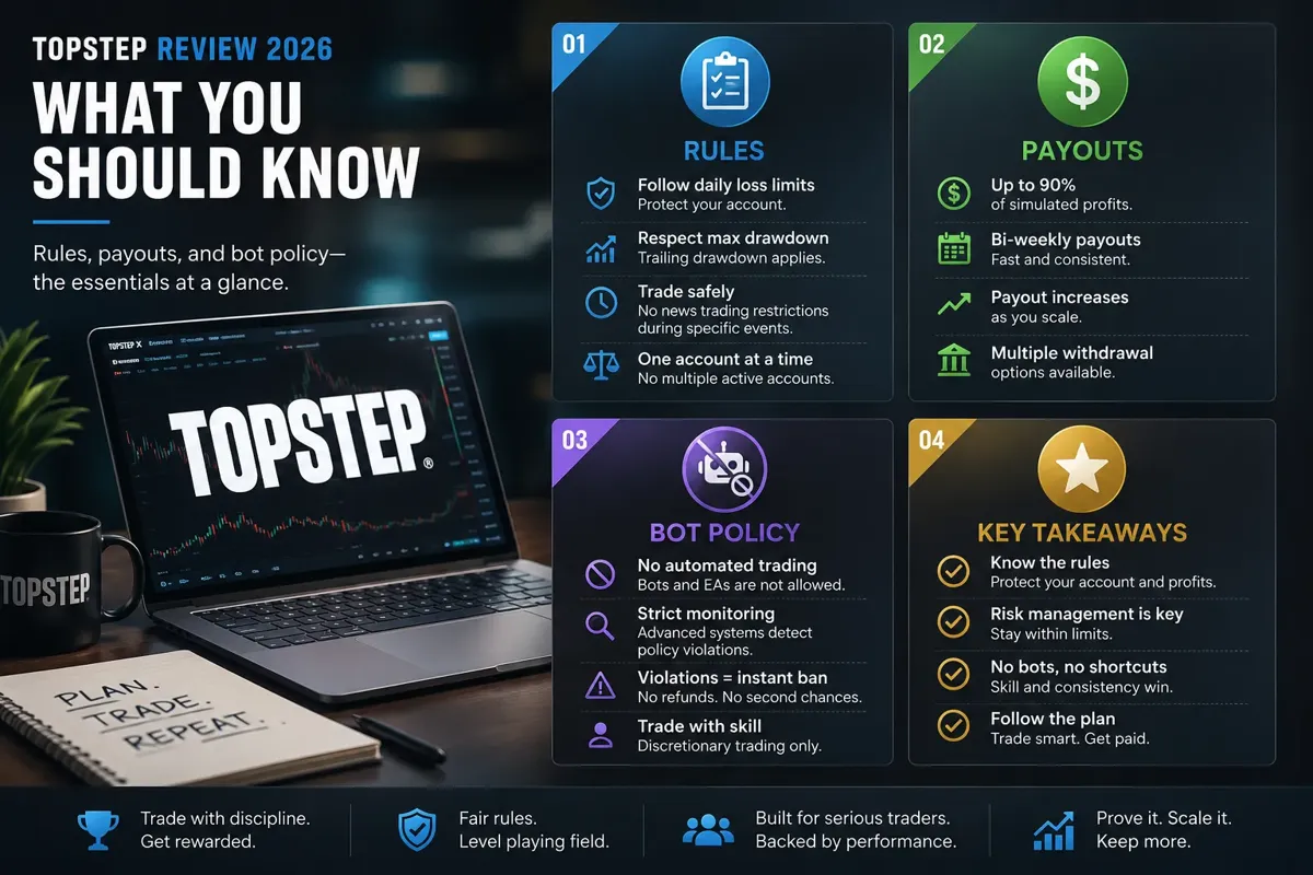 Dark four-panel card titled What You Should Know covering Topstep rules, payouts, bot policy and key takeaways, shown next to the pricing and rules table.