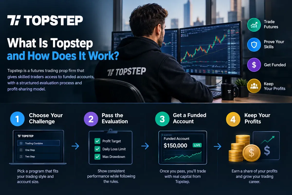 Dark card titled What Is Topstep and How Does It Work with a four-step path from choosing a challenge to keeping your profits, shown in the payout section.