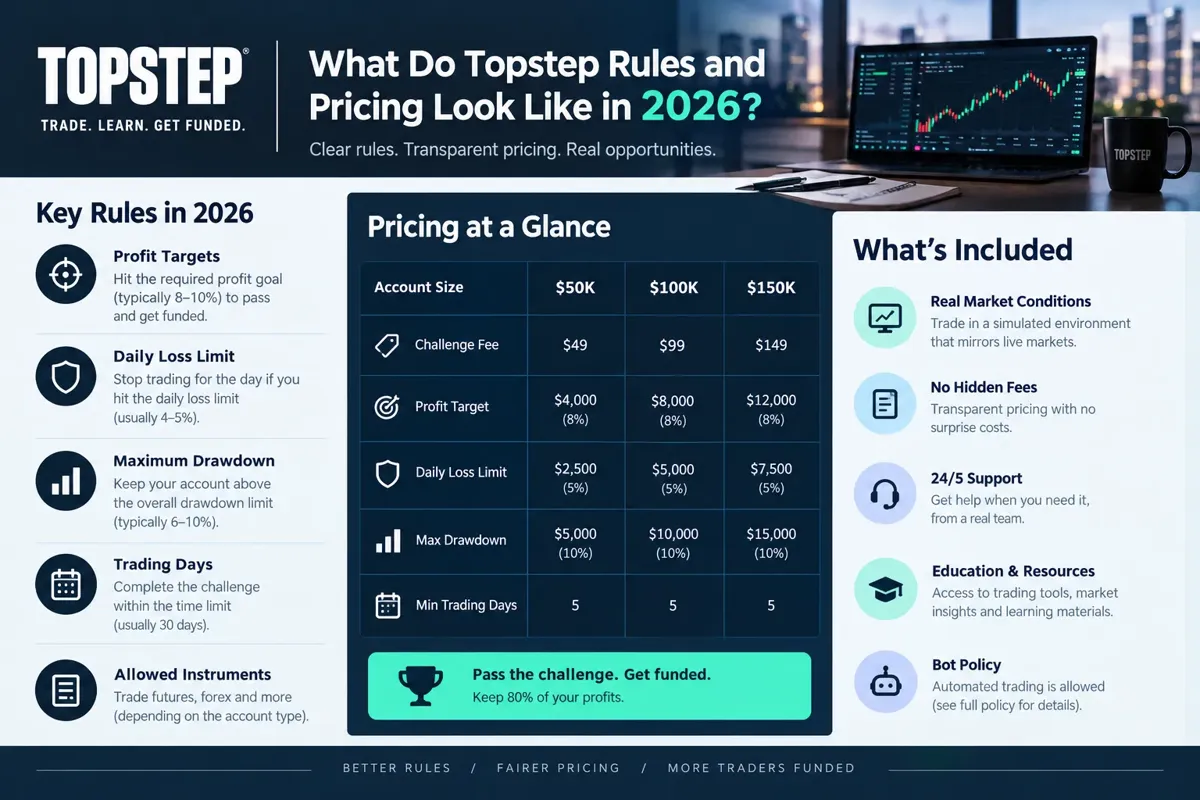 Dark card with Topstep key rules, a pricing-at-a-glance table and a what's-included list, shown in the section on who should skip Topstep.