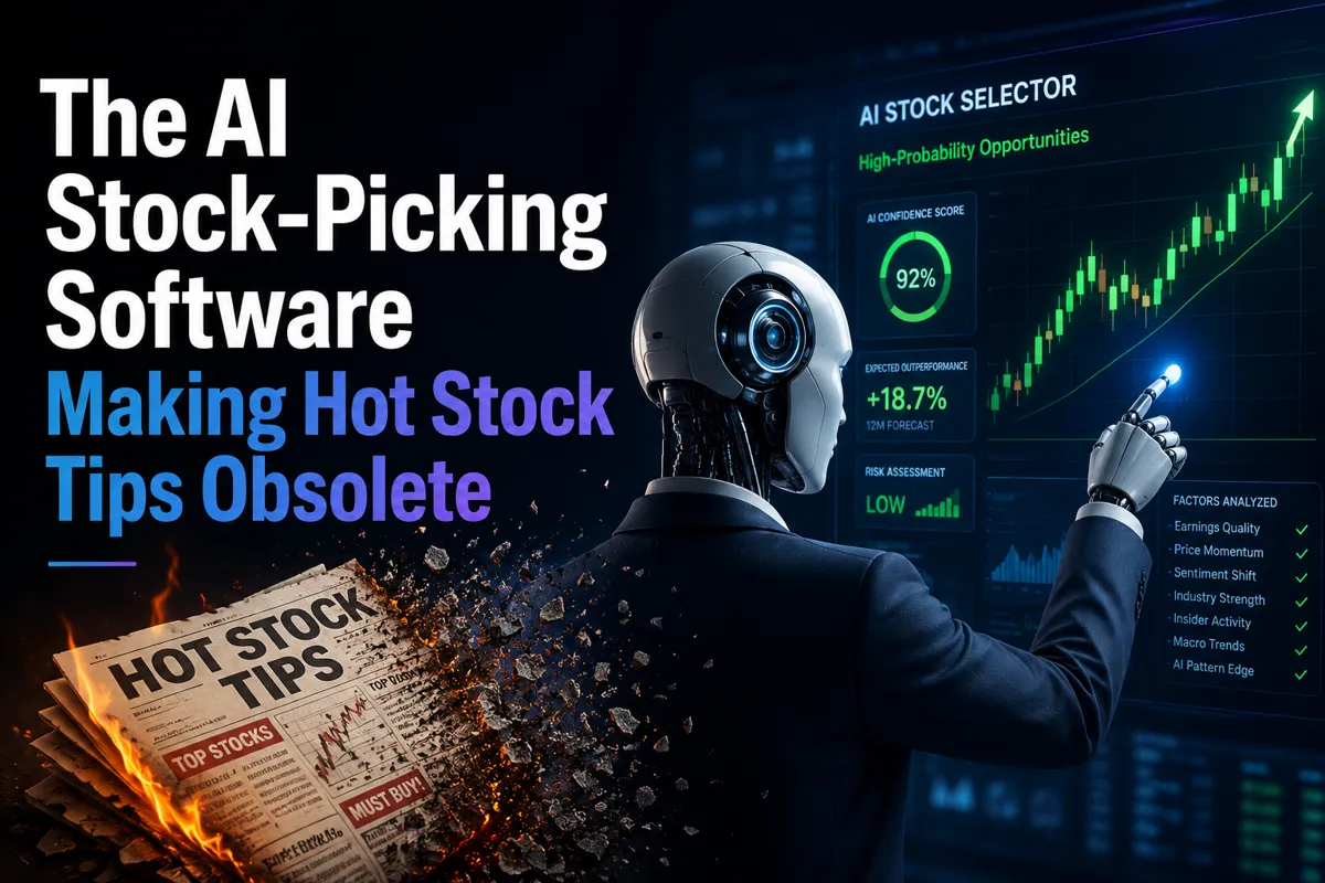 "The AI Stock-Picking Software Making Hot Stock Tips Obsolete". Modern design, , , aesthetic. Background imagery relevant