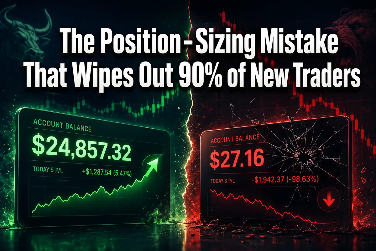 Professional () hero image with : 'The Position-Sizing Mistake That Wipes Out 90% of New Traders' in extra large white with