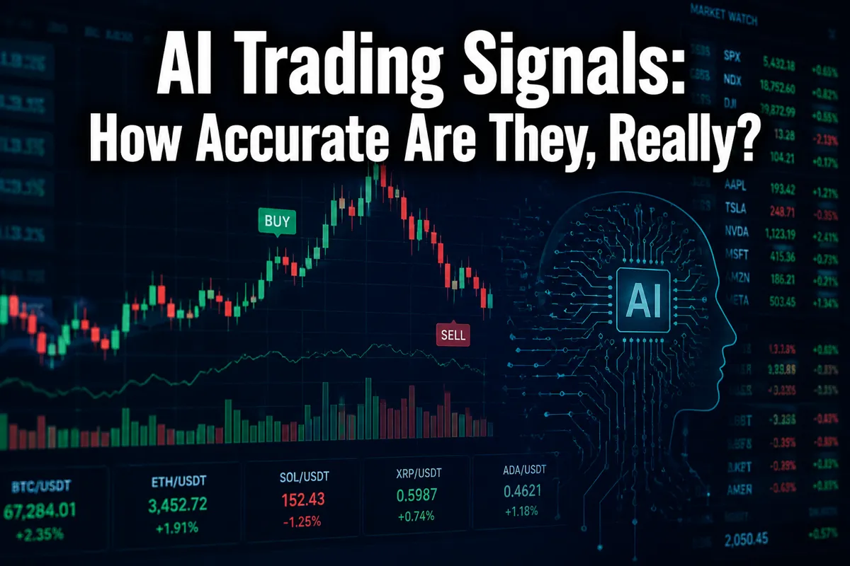 Professional () hero image with : 'AI Trading Signals: How Accurate Are They, Really?' in extra large white with dark drop ,