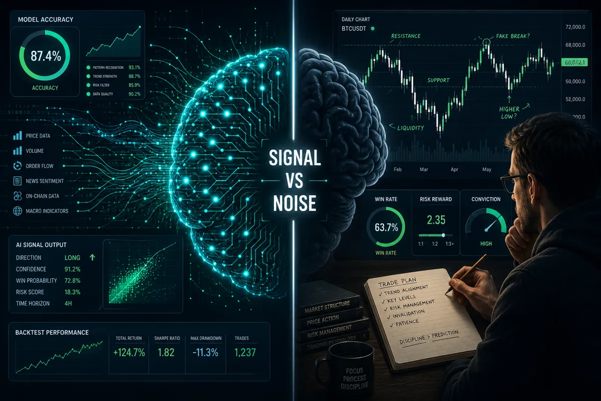 () editorial illustration showing a split-brain concept: left hemisphere filled with glowing AI circuit nodes and data