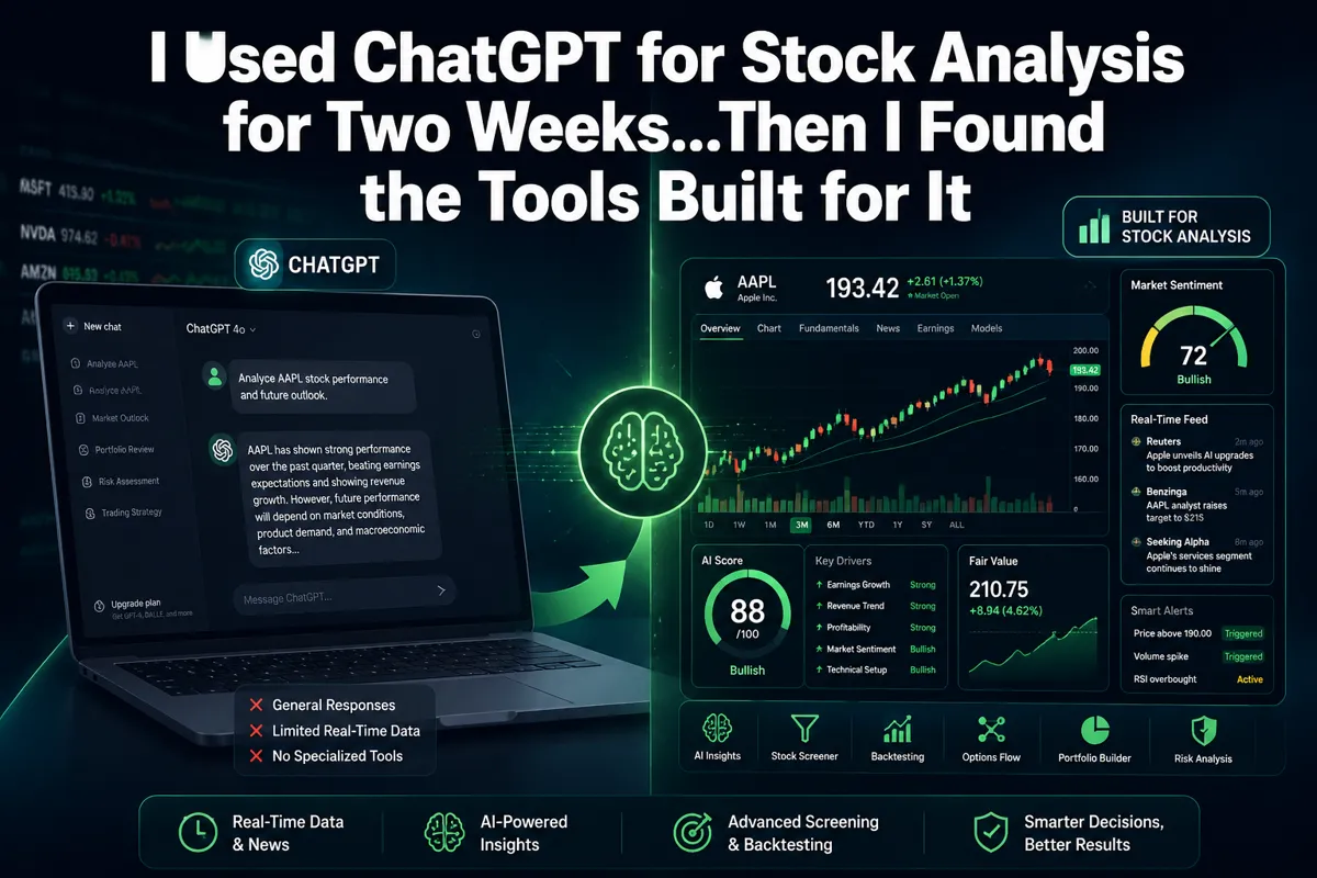 Professional () hero image with : 'I Used ChatGPT for Stock Analysis for Two Weeks...Then I Found the Tools Built for It' in