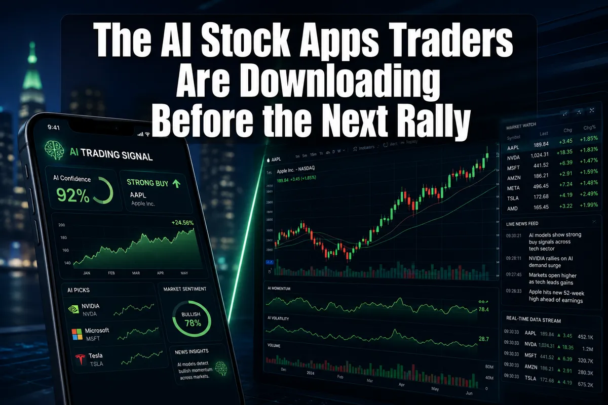 Professional () hero image with : 'The AI Stock Apps Traders Are Downloading Before the Next Rally' in extra large white