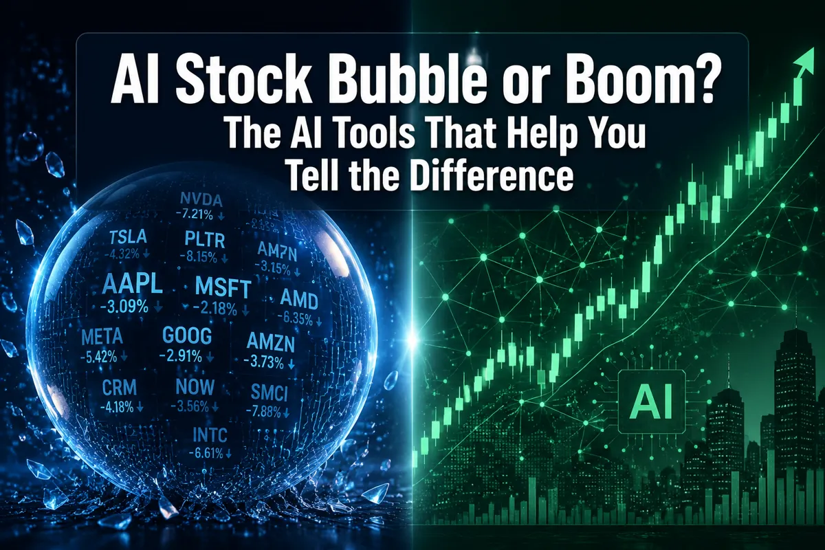 Professional () hero image with : 'AI Stock Bubble or Boom? The AI Tools That Help You Tell the Difference' in extra large