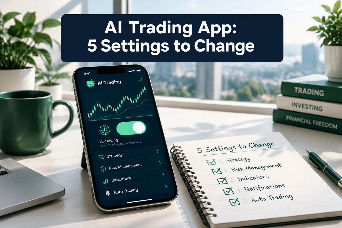 Professional () hero with SHORT text 'AI Trading App: 5 Settings to Change' in crisp white modern on a deep navy (#0A1128)