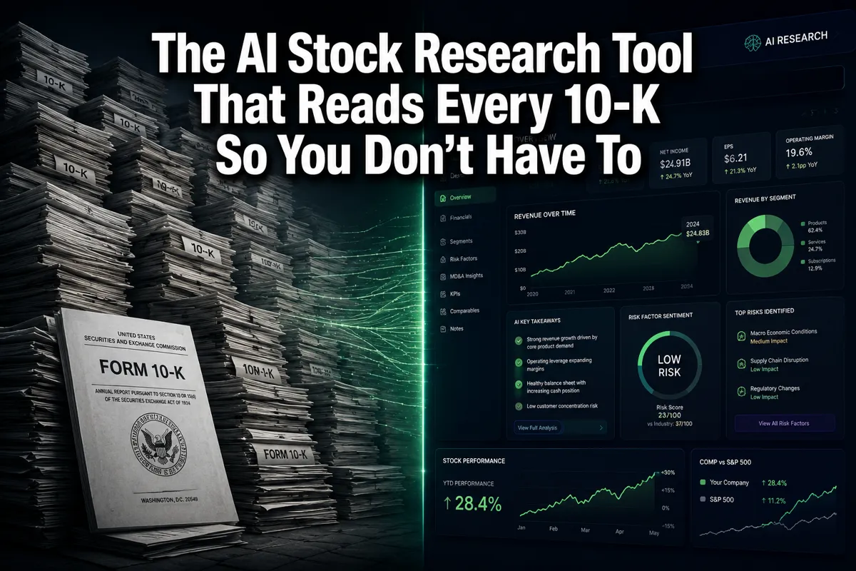 Professional () hero image with : 'The AI Stock Research Tool That Reads Every 10-K So You Don't Have To' in extra large