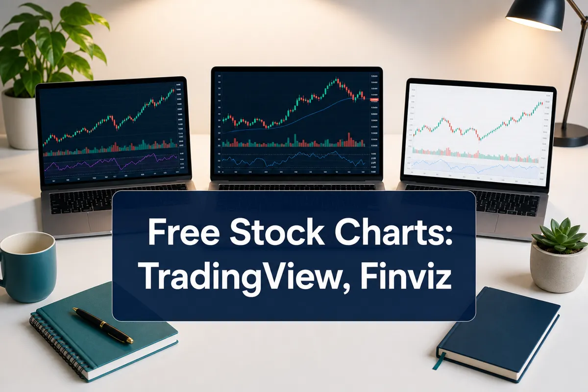 Professional () hero image with 'Free Stock Charts: TradingView, Finviz' in crisp white on a deep navy semi-transparent