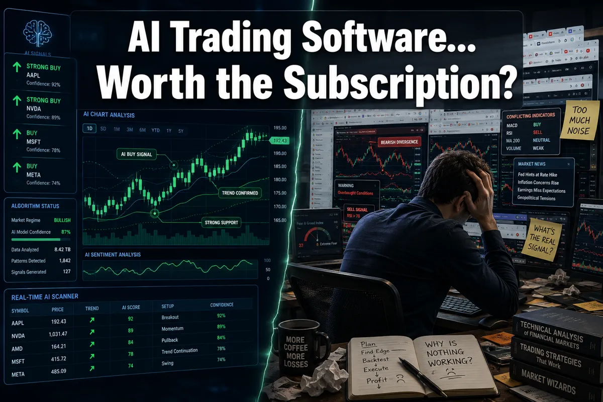 Professional () hero image with : 'AI Trading Software... Worth the Subscription?' in extra large white with dark drop ,