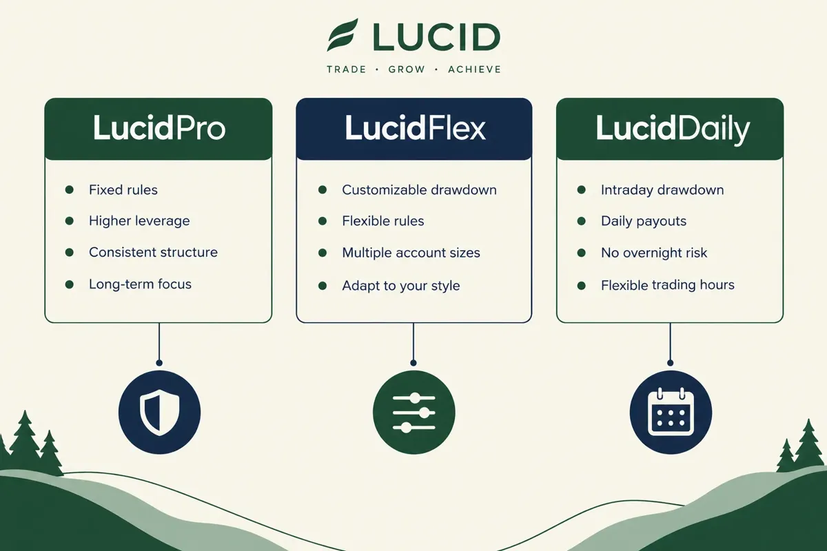 Green and cream product lineup with three columns for LucidPro, LucidFlex and LucidDaily, each listing a few short feature bullets.