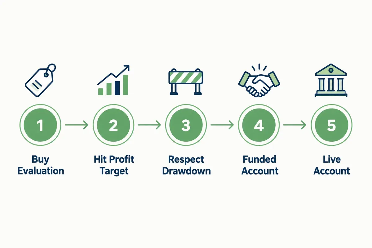 Five-step green path from buying the evaluation to hitting the profit target, respecting drawdown, getting a funded account and going live.