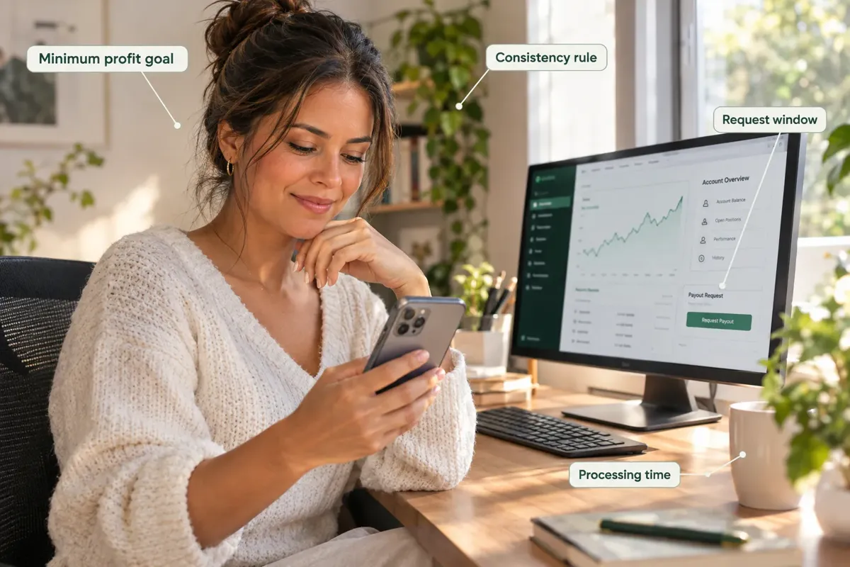 Stock-style photo of a woman looking at her phone beside a desktop monitor, with callouts for minimum profit goal, consistency rule, request window and processing time.