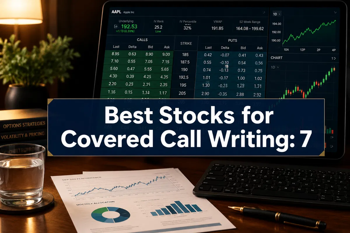 Professional () hero image with 'Best Stocks for Covered Call Writing: 7' in crisp white on a deep navy semi-transparent