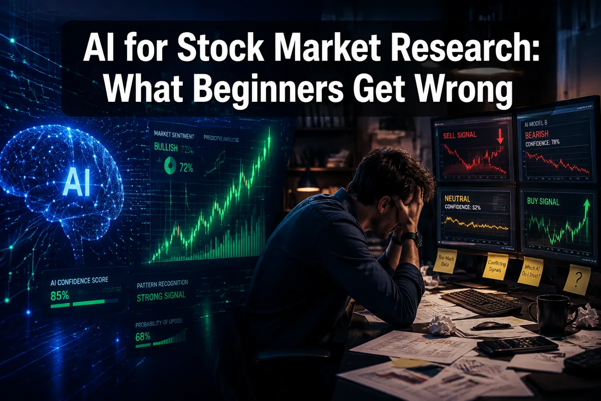 Professional () hero image with : 'AI for Stock Market Research: What Beginners Get Wrong' in extra large white with dark