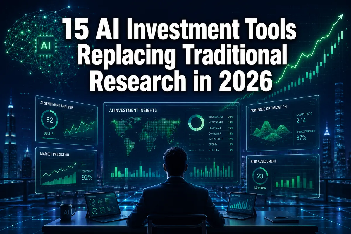 Professional () hero image with : '15 AI Investment Tools Replacing Traditional Research in 2026' in extra large white with