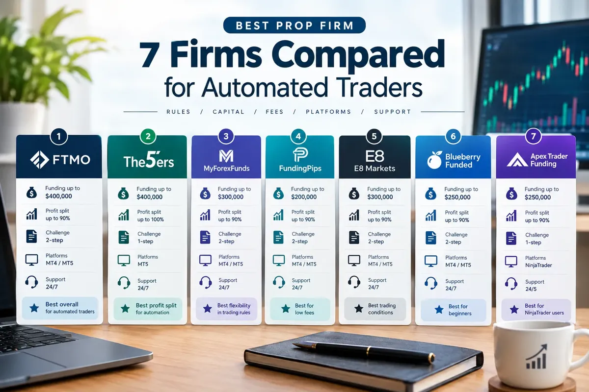 Desk photo headed 7 Firms Compared for Automated Traders with seven product cards for firms such as FTMO and Apex; the firm list differs from the seven in this article.