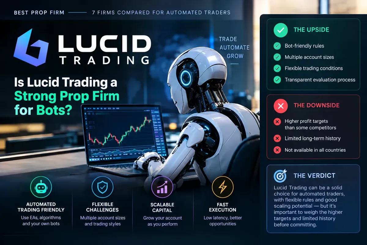 Dark neon banner asking Is Lucid Trading a strong prop firm for bots, with a robot at a laptop and upside, downside and verdict panels.