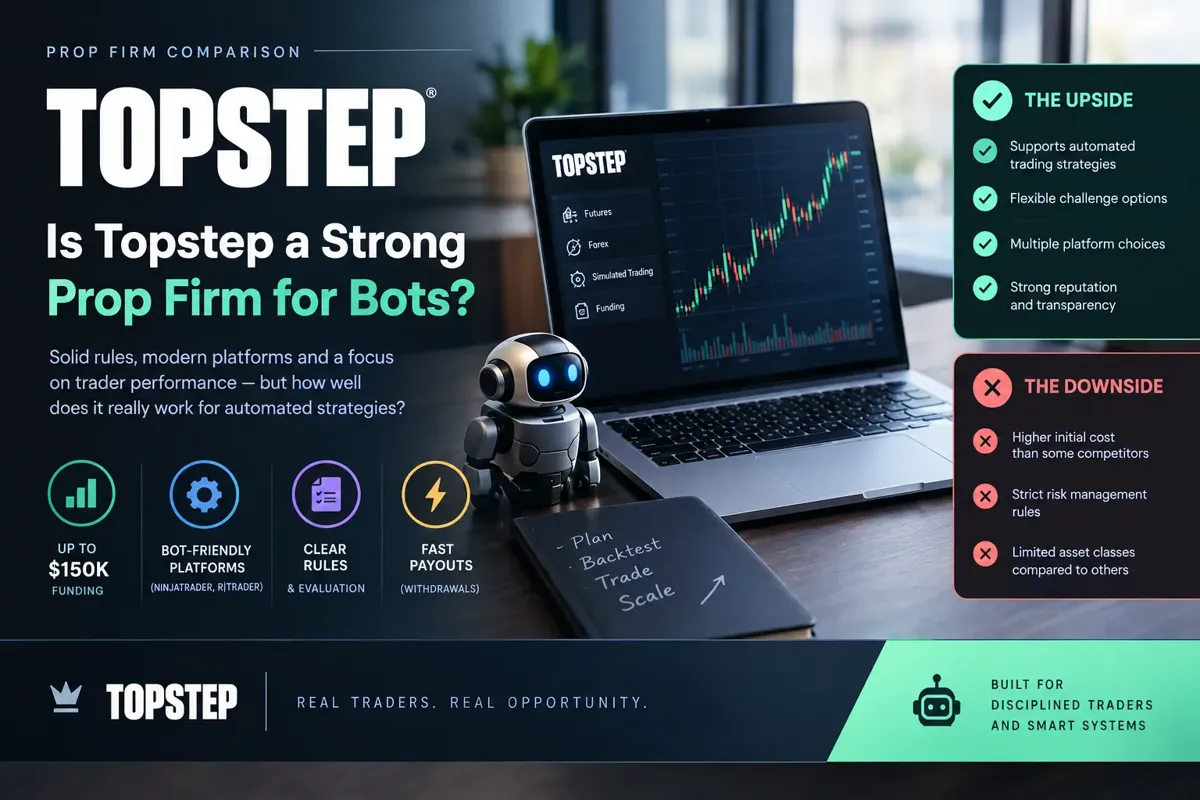 Dark neon banner asking Is Topstep a strong prop firm for bots, with a small robot beside a laptop and upside and downside panels.