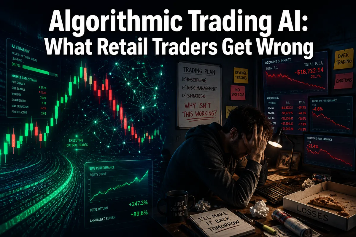 Professional () hero image with : 'Algorithmic Trading AI: What Retail Traders Get Wrong' in extra large white with dark