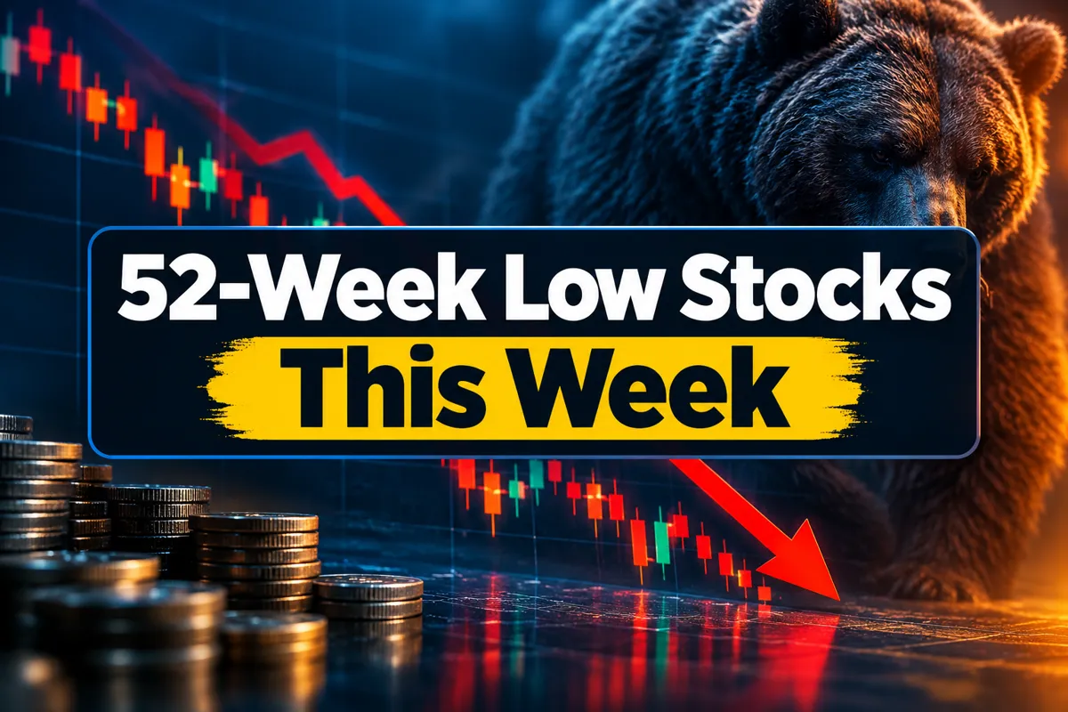 Professional landscape hero image () with a reading "52-Week Low Stocks This Week". CRITICAL TYPOGRAPHY RULES: render the