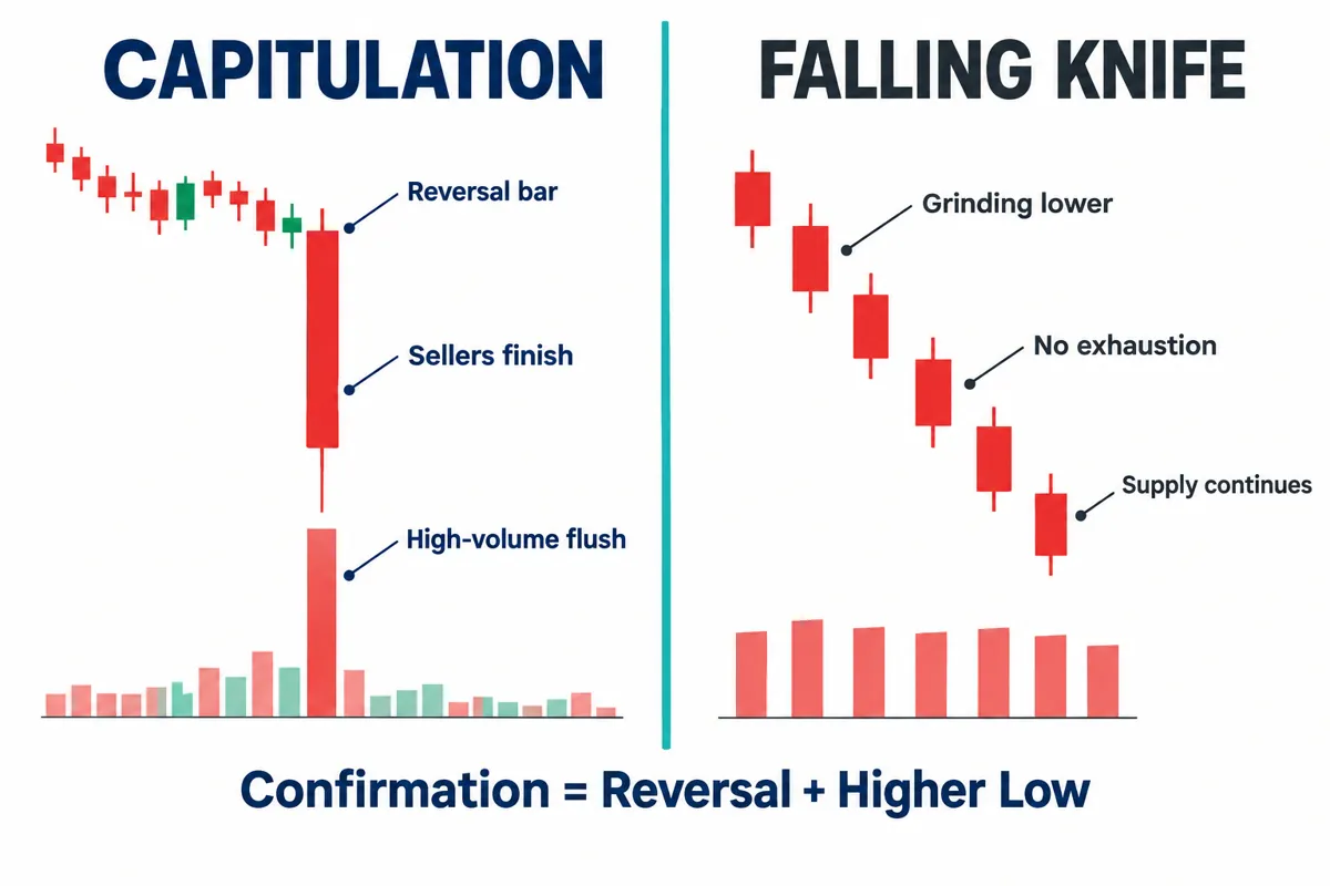 What volume patterns signal capitulation is happening?