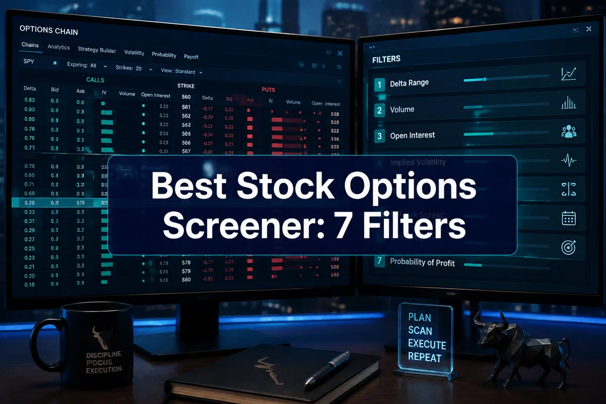 Professional () hero image with (≤42 chars): 'Best Stock Options Screener: 7 Filters', crisp white on a deep navy