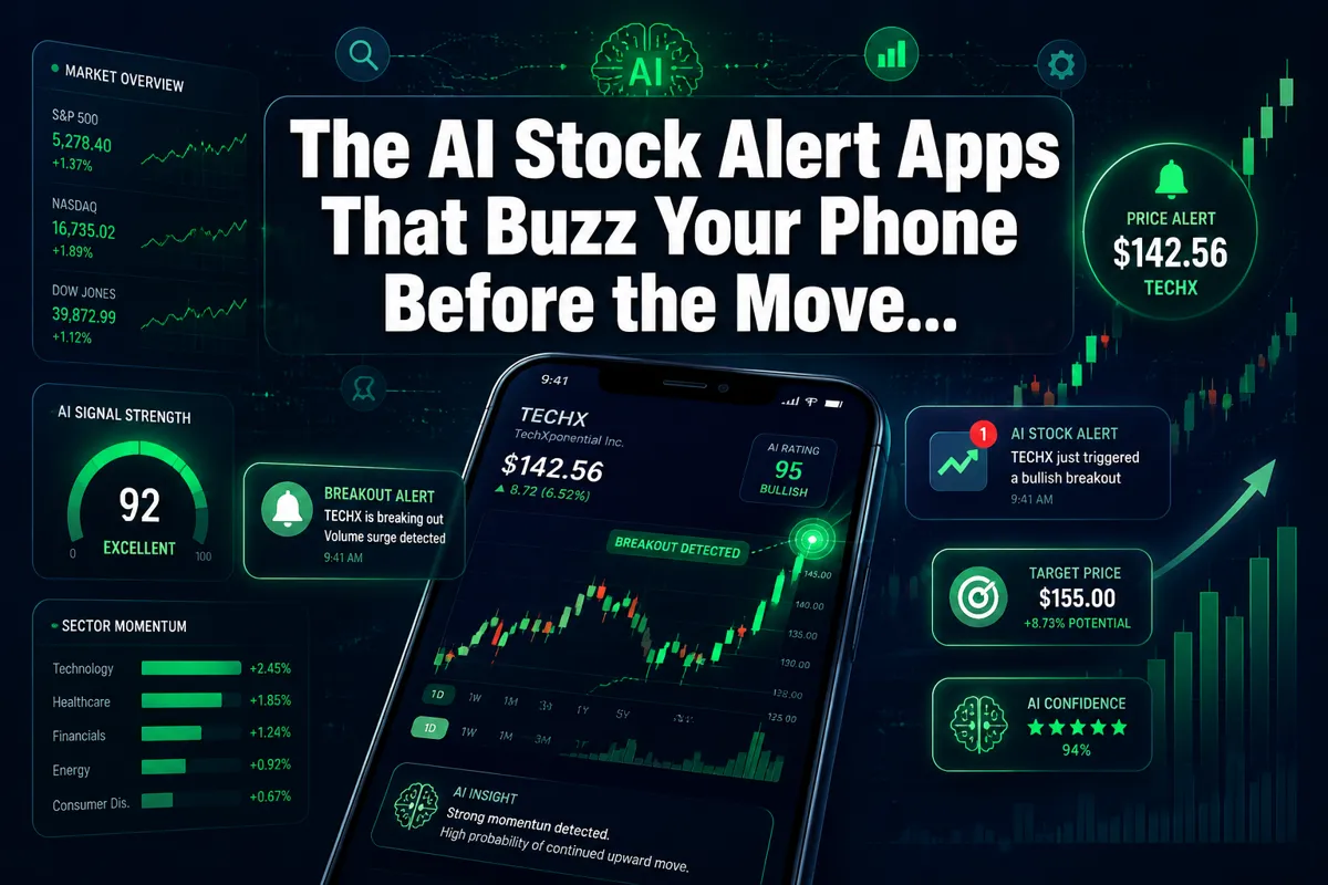 Professional () hero image with : 'The AI Stock Alert Apps That Buzz Your Phone Before the Move...' in extra large white