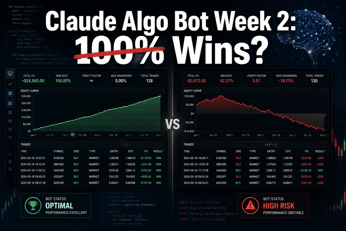 Professional () hero image with 'Claude Algo Bot Week 2: 100% Wins?' in extra large white with dark and subtle red