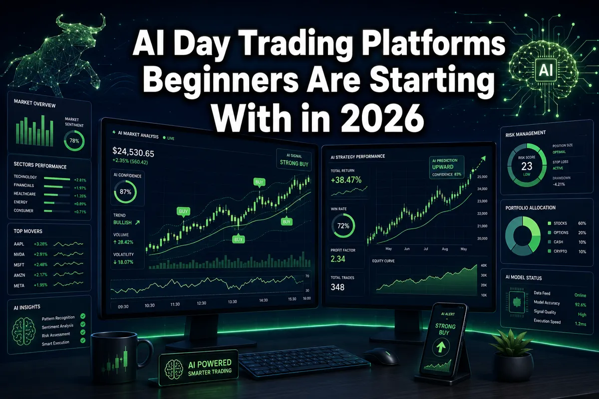 Professional () hero image with 'AI Day Trading Platforms Beginners Are Starting With in 2026' in extra large white with