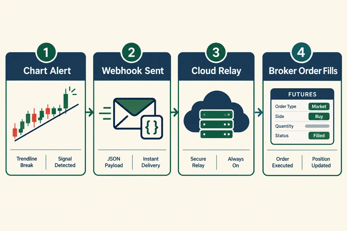 Four-step navy and green flow on cream: chart alert, webhook sent, cloud relay, broker order fills.